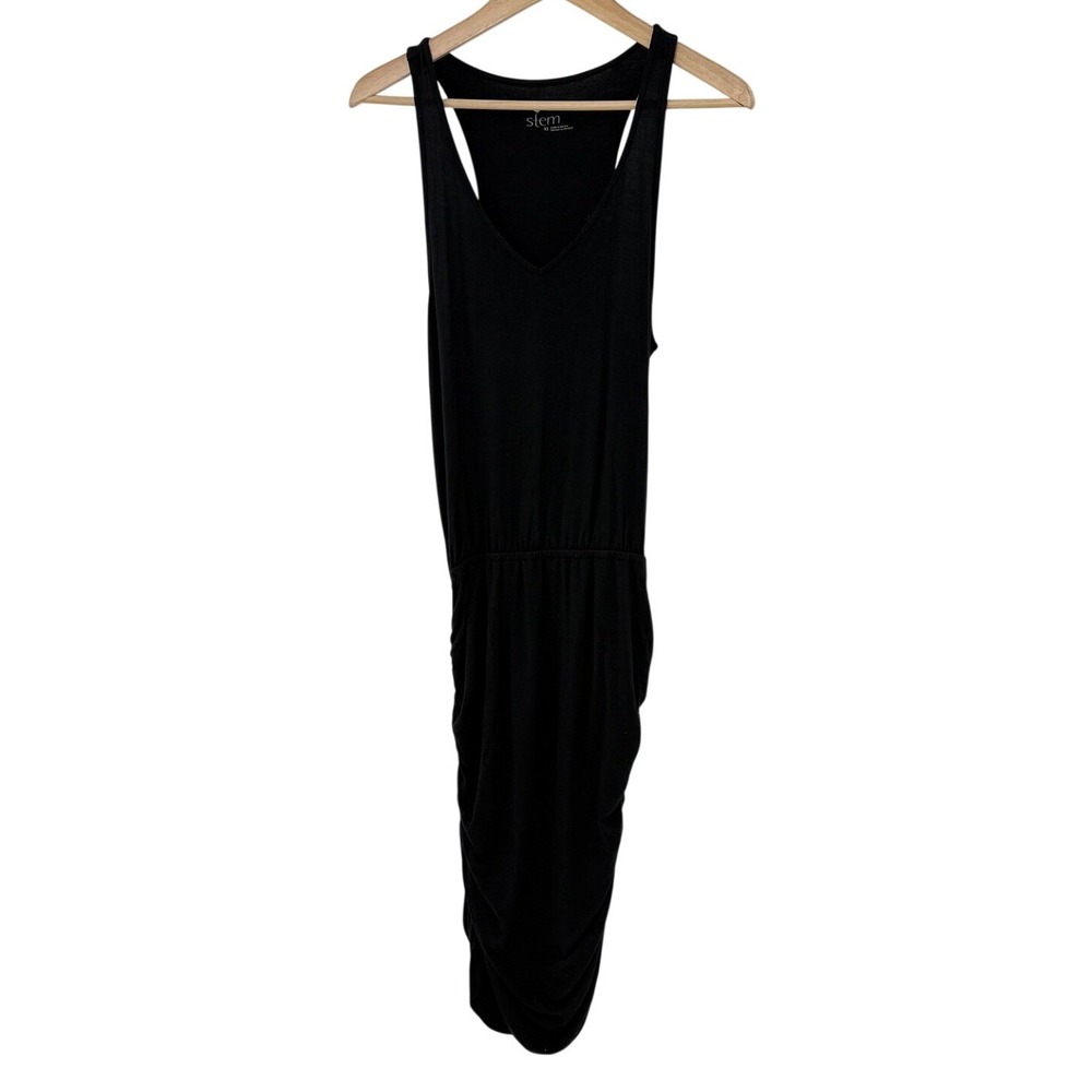 Stem Womens Black Ruched Racerback V-Neck Modal Jersey Midi Dress Size‎ XS